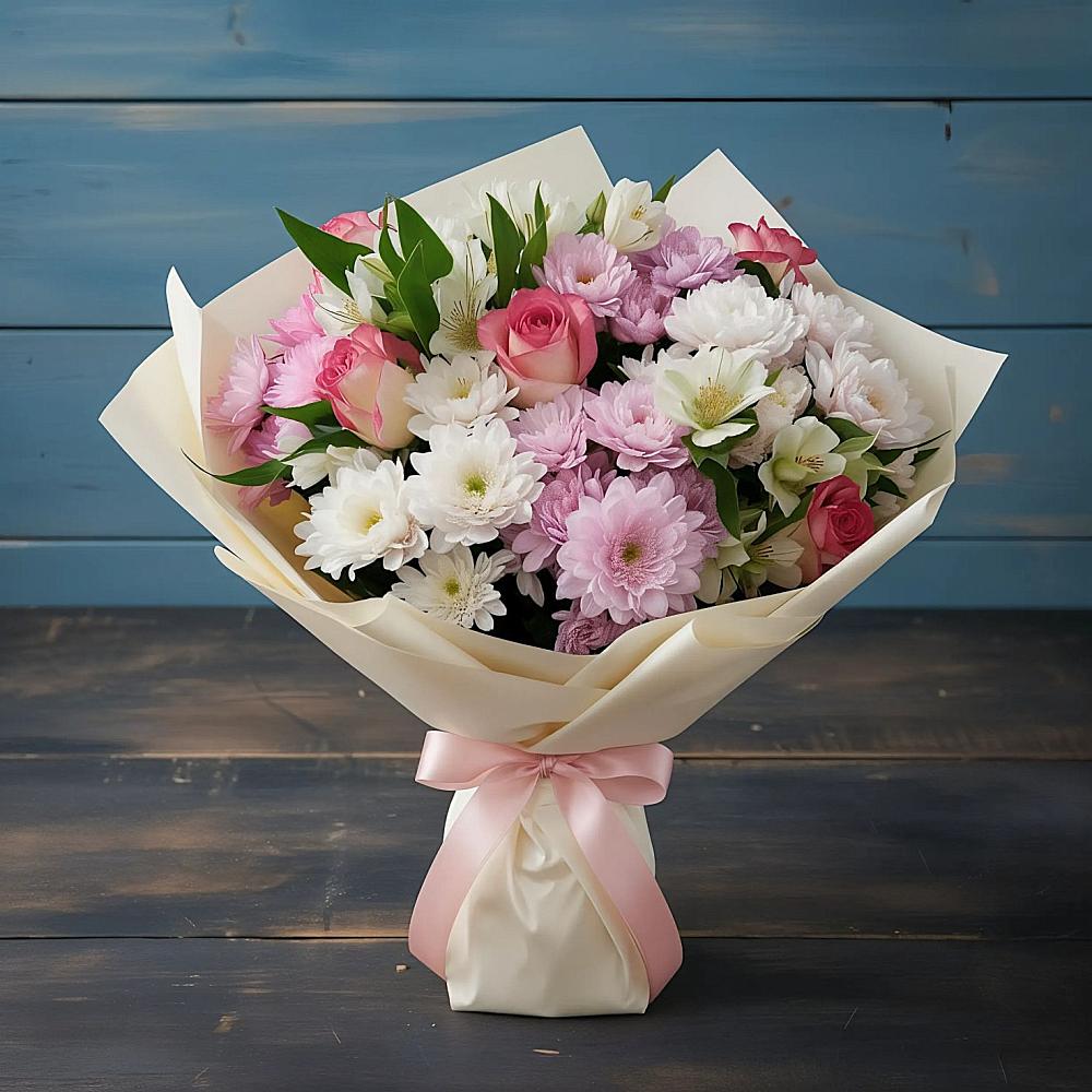 Букет цветов из: Хризантемы, Альстромерии и Розы в Стремилово